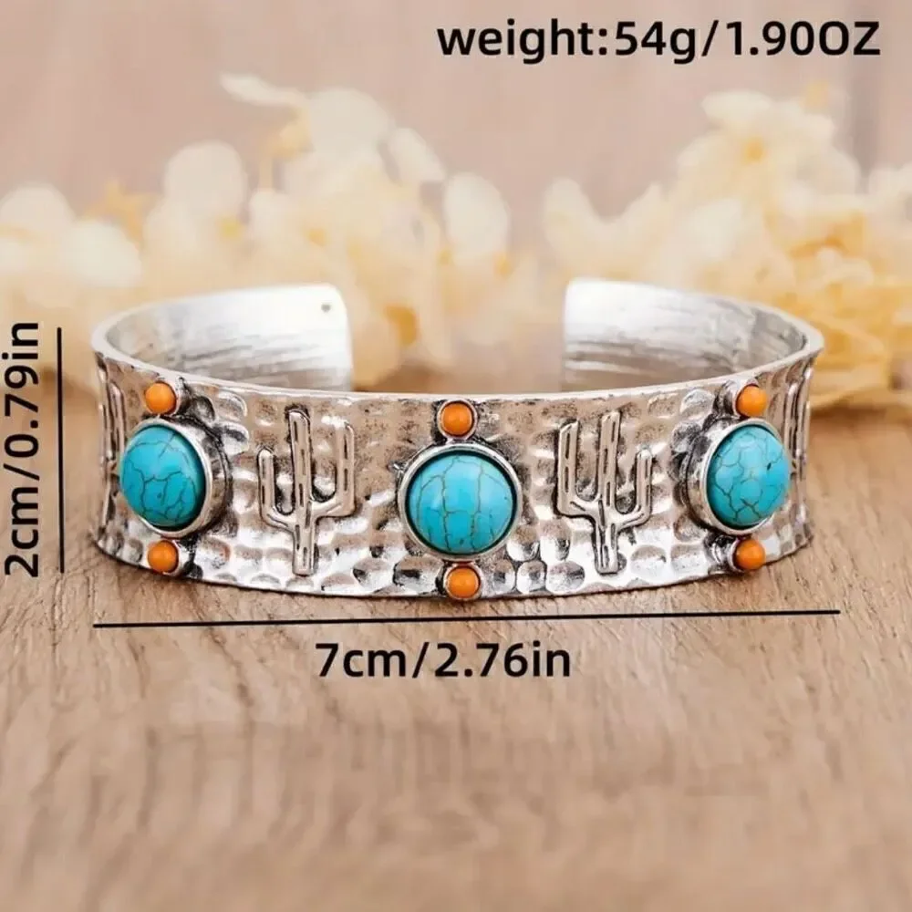 Desert Cactus Silver Bracelet Womens Casual Western Cuff New